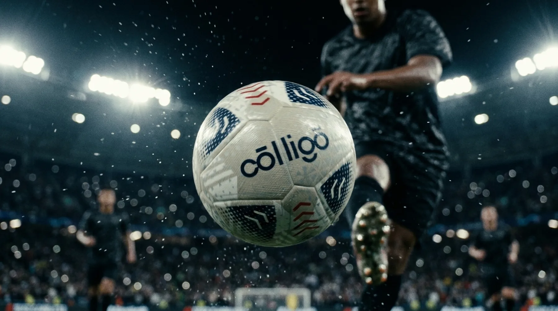 Colligo project image: a Colligo match ball struck under stadium lights.