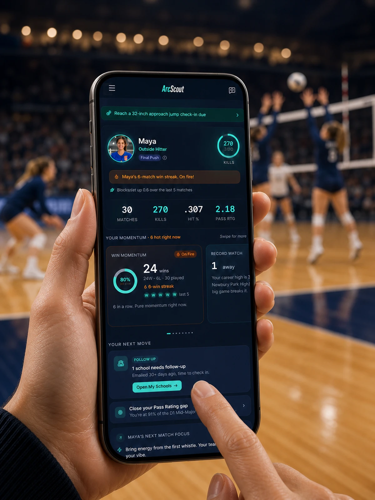 ArcScout project image: the ArcScout volleyball player dashboard on a phone held at a match.